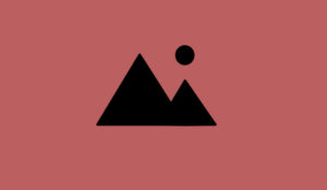 A black silhouette of two triangular mountains with a round sun or moon in the upper right corner, set against a solid red background.