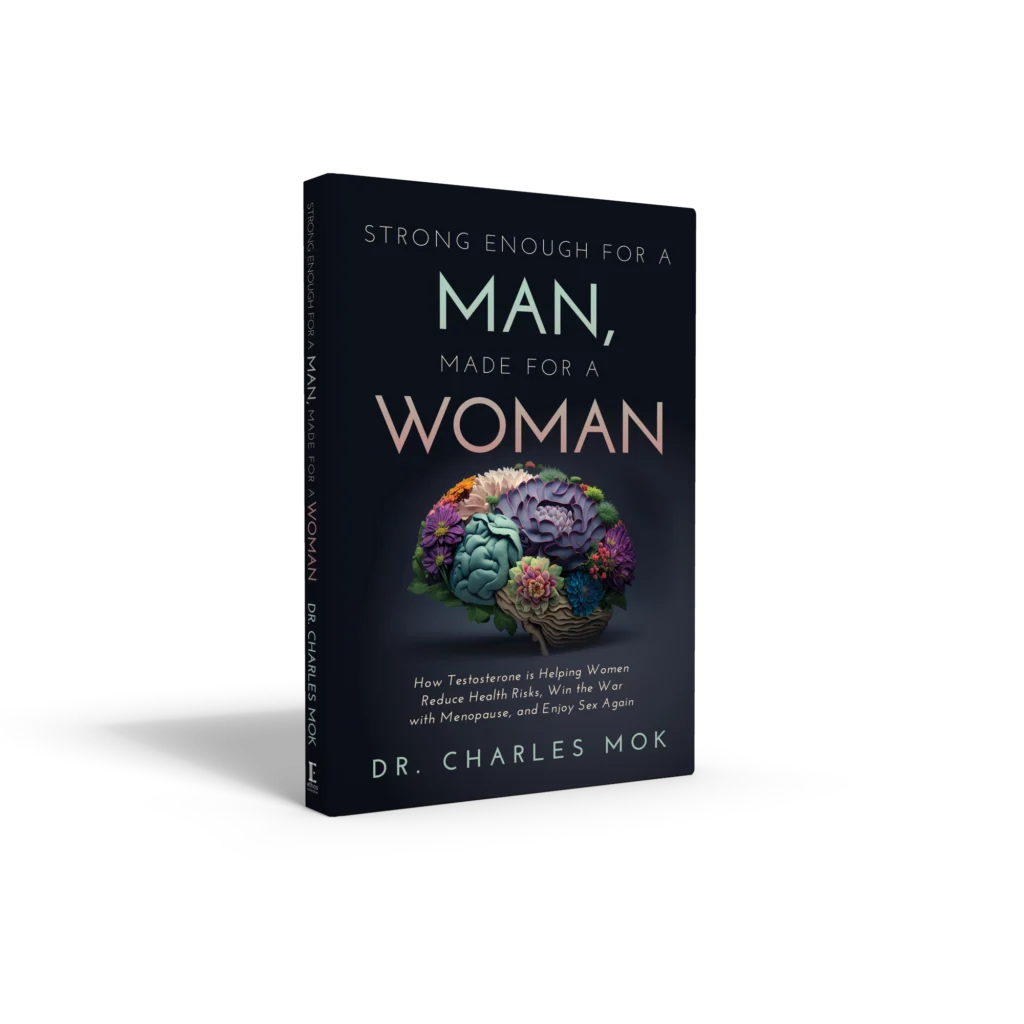 A book titled "Strong Enough for a Man, Made for a Woman" by Dr. Charles Mok, featuring an illustrated brain with flowers on the cover.