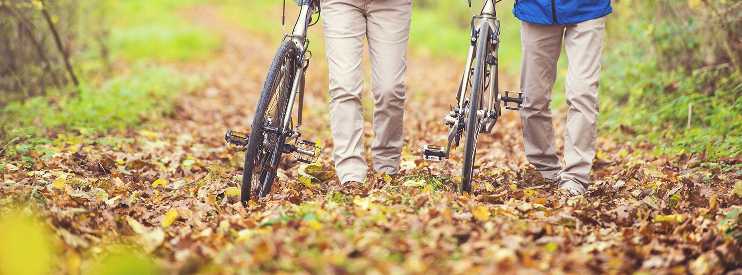 Two people walking bikes on a leaf-covered path, wearing beige pants. The person on the left wears brown shoes, and the person on the right a blue jacket. Trees and foliage surround the path.