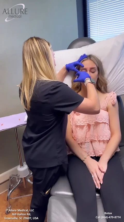 A professional administers a Botox injection to a seated woman in a medical clinic. Contact details and clinic name are visible on the image.