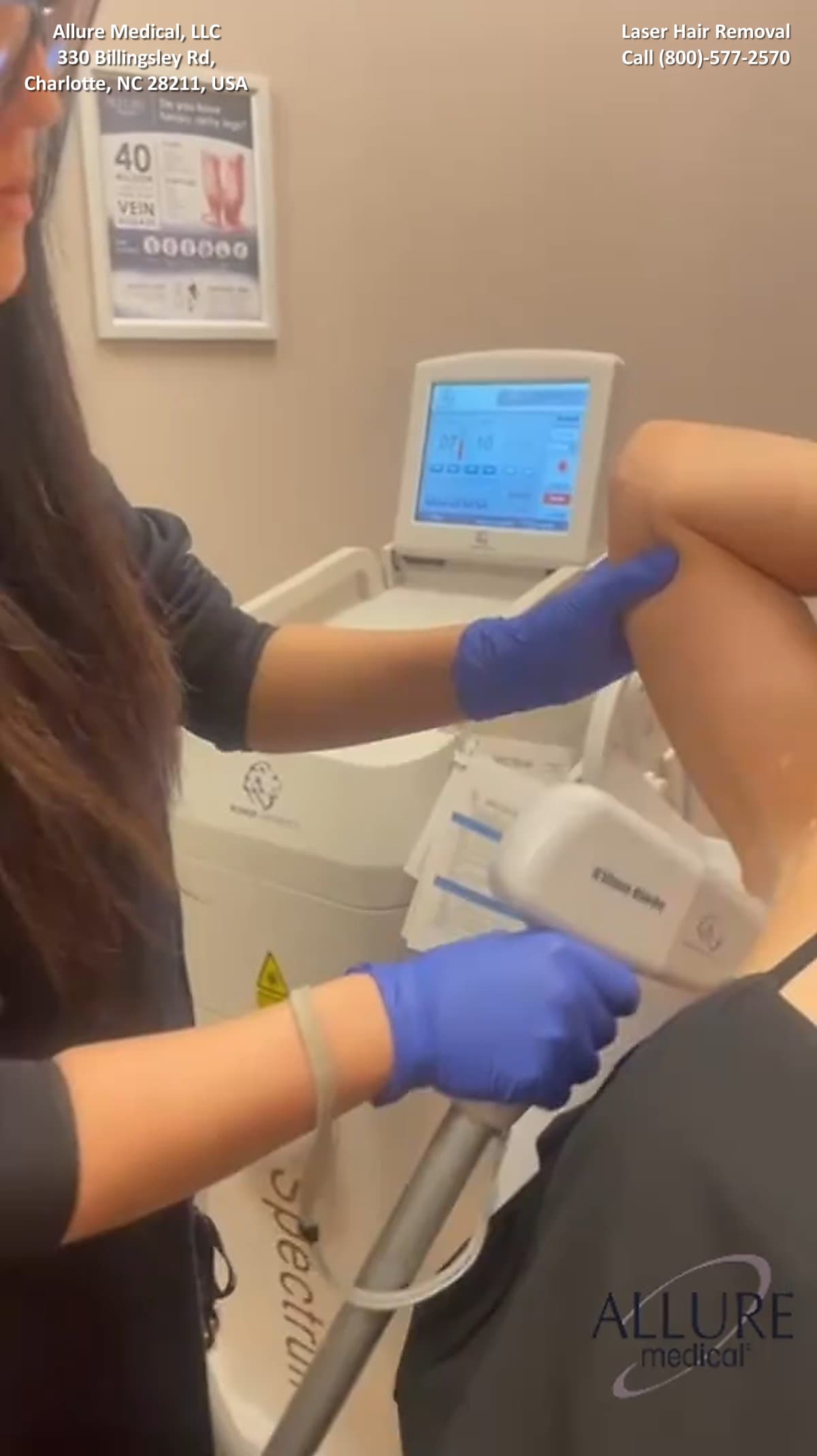 A technician wearing blue gloves performs laser hair removal on a person's underarm using a medical device in a clinic. The clinic's information is visible at the top of the image.