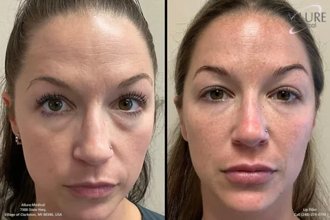 Before and after image showing two photos of a woman’s face taken for comparison. The left image is labeled before and the right image is labeled after undergoing a lip filler procedure.