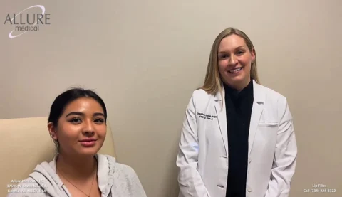 Two women are pictured standing side by side. The woman on the left is wearing casual clothing, while the woman on the right is in a white lab coat. An "Allure Medical" logo is in the top left corner.