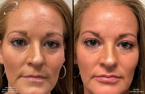 Before and after images of a woman's face, showing noticeable differences in her under-eye area and lips post-treatment.