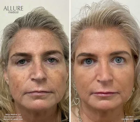 Side-by-side comparison of a woman's face before and after a cosmetic procedure. The left image shows her with darker skin tone and more wrinkles, the right image shows smoother and lighter skin.