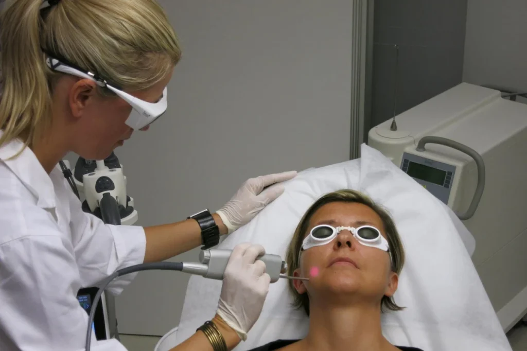 A medical professional uses a laser device on a patient lying down, wearing protective goggles in a clinical setting.