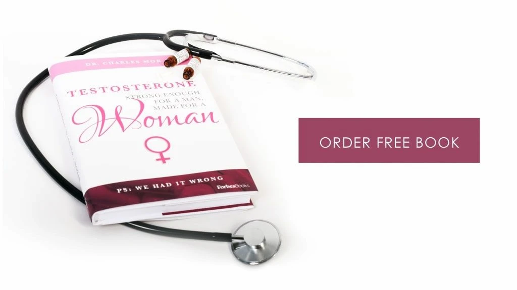 A book titled "Testosterone: Strong Enough for a Man, Made for a Woman" with a stethoscope beside it and a prompt to order a free book.