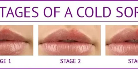 Three images show the stages of a cold sore on lips: Stage 1 with no visible sore, Stage 2 with initial redness and swelling, and Stage 3 with a fully formed blister.