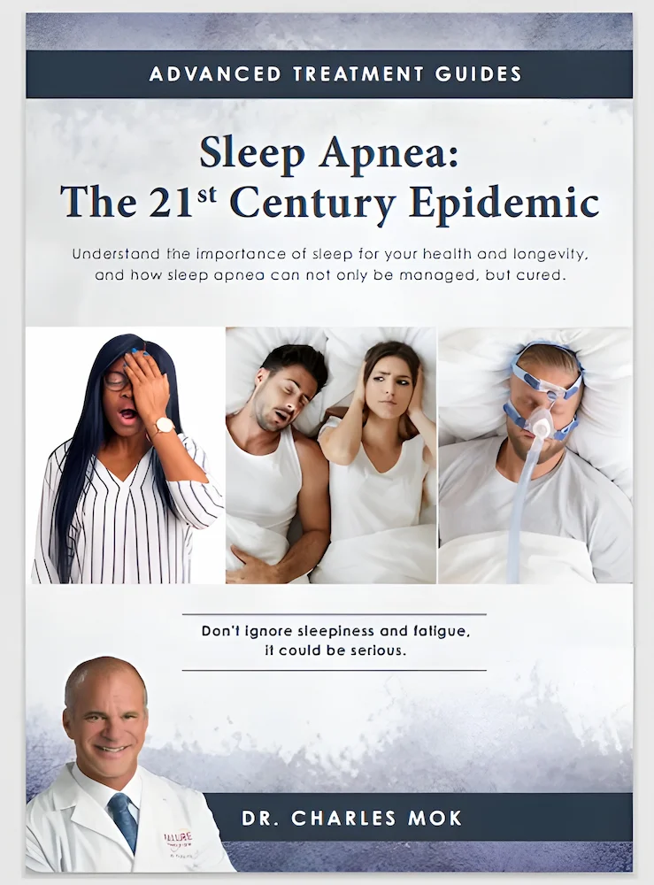 Cover of a treatment guide titled "Sleep Apnea: The 21st Century Epidemic," featuring images of a yawning woman, a tired couple, and a man using a CPAP machine. Includes a photo of Dr. Charles Mok.