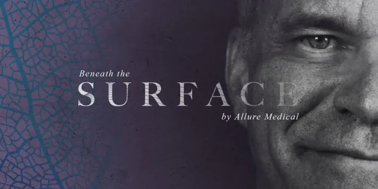 Partial face of a man with text "Beneath the Surface" and "by Allure Medical" on a purple background with a leaf texture pattern.