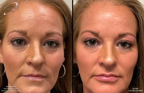 Side-by-side close-up comparison of a woman's face before and after a lip filler procedure, showing fuller lips and refined lines on the right. The Allure Medical logo is visible at the top left.