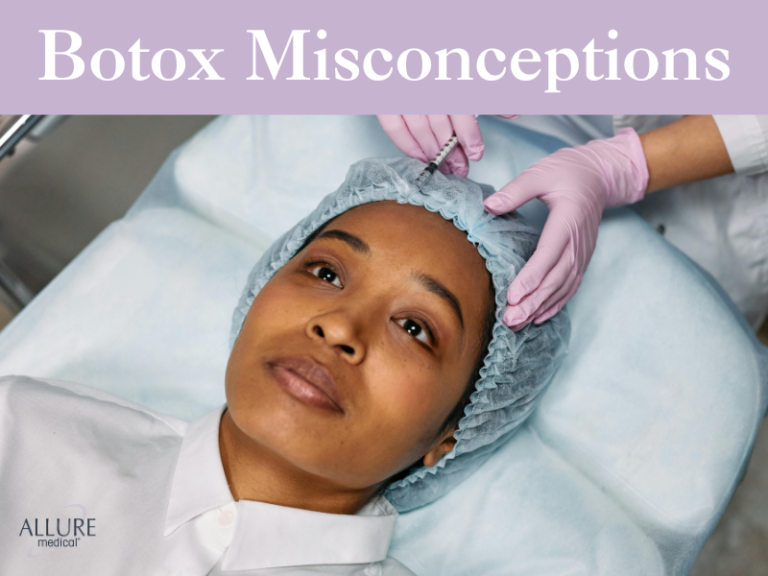 A patient with a hair net lies on a medical bed while a healthcare professional in pink gloves performs a procedure. The text "Botox Misconceptions" appears on top.