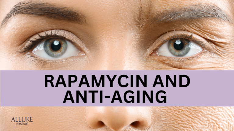 Close-up of a woman's face, with one side showing youthful skin and the other side showing signs of aging. Text overlay reads "RAPAMYCIN AND ANTI-AGING.