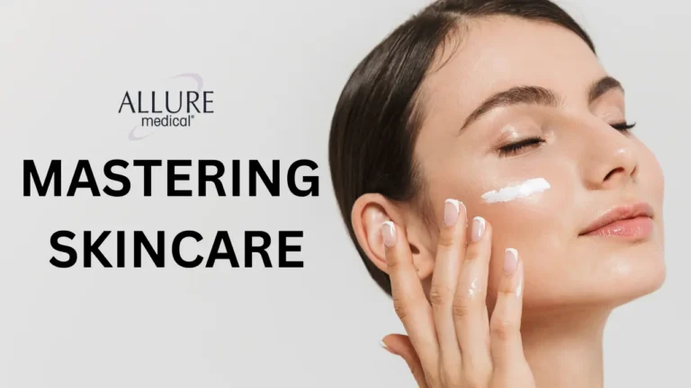 A woman applies skincare cream to her cheek. The text reads "Allure Medical Mastering Skincare" on a light gray background.