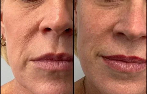 Close-up of a woman's face showing before and after effects, highlighting changes in skin texture and lip appearance.