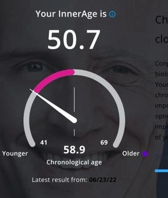 Gauge showing InnerAge as 50.7 compared to a chronological age of 58.9, with a smiling face in the background. Date of latest result: 06/23/22.