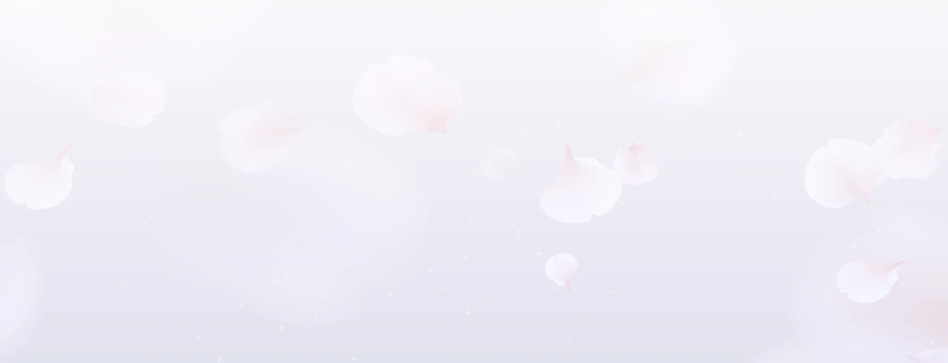 Soft pink flower petals gently float against a pale, light gray background with subtle bokeh and glowing effects.