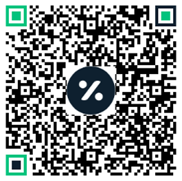 A black and white QR code with green corners and a percentage symbol in a dark circle at the center, typically used for scanning with a mobile device.