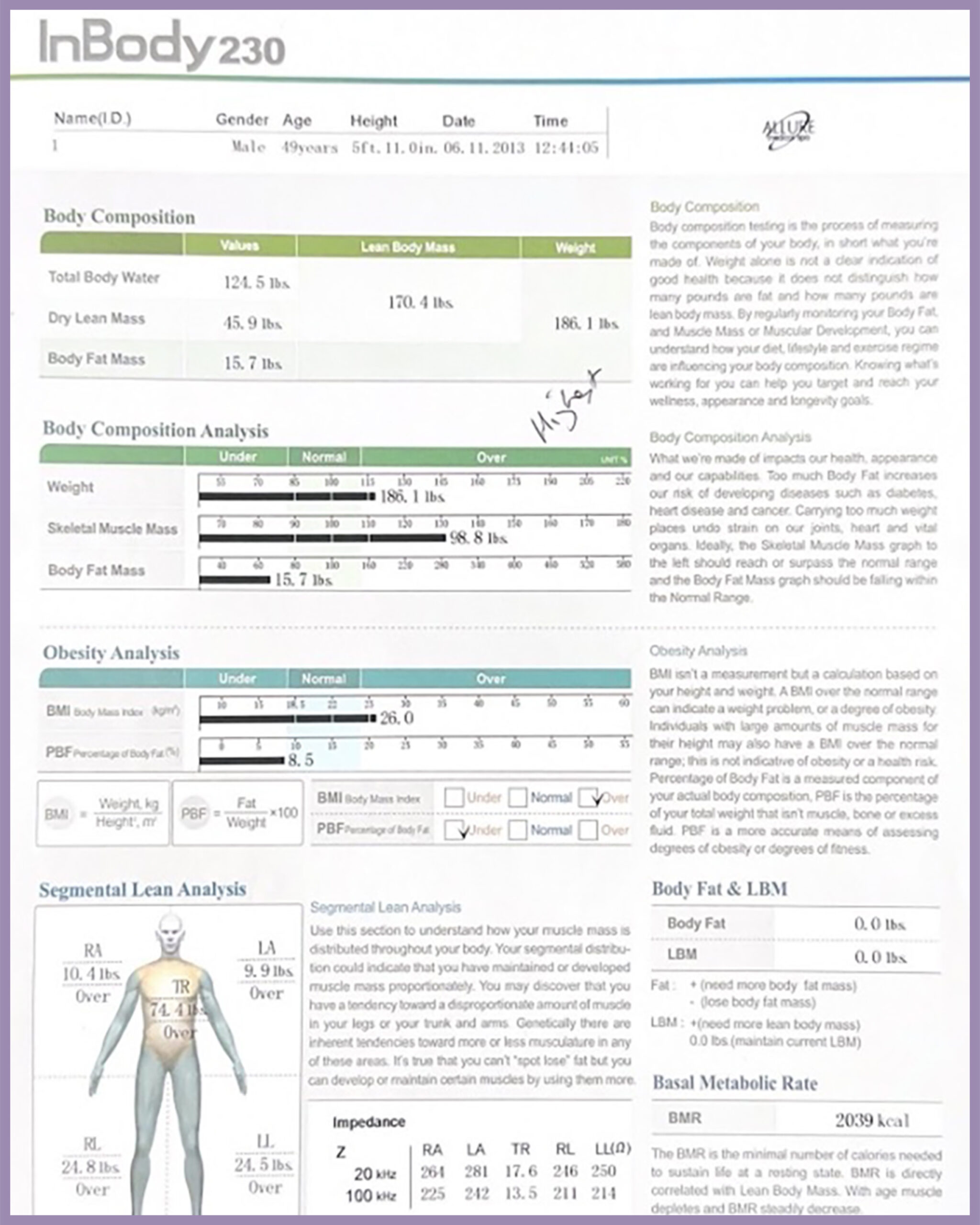 A body composition analysis report showing detailed measurements of body water, fat, muscle mass, obesity analysis, segmental lean analysis, and basal metabolic rate.