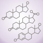 Three steroid hormone molecular structures are shown as gray line drawings on a light purple background.