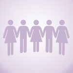 Five gender-neutral, lavender-colored stick figures holding hands, arranged alternately between skirt and non-skirt figures, on a light purple gradient background.