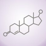 A simple line drawing of a steroid molecule structure with four hexagonal rings and two oxygen atoms depicted.