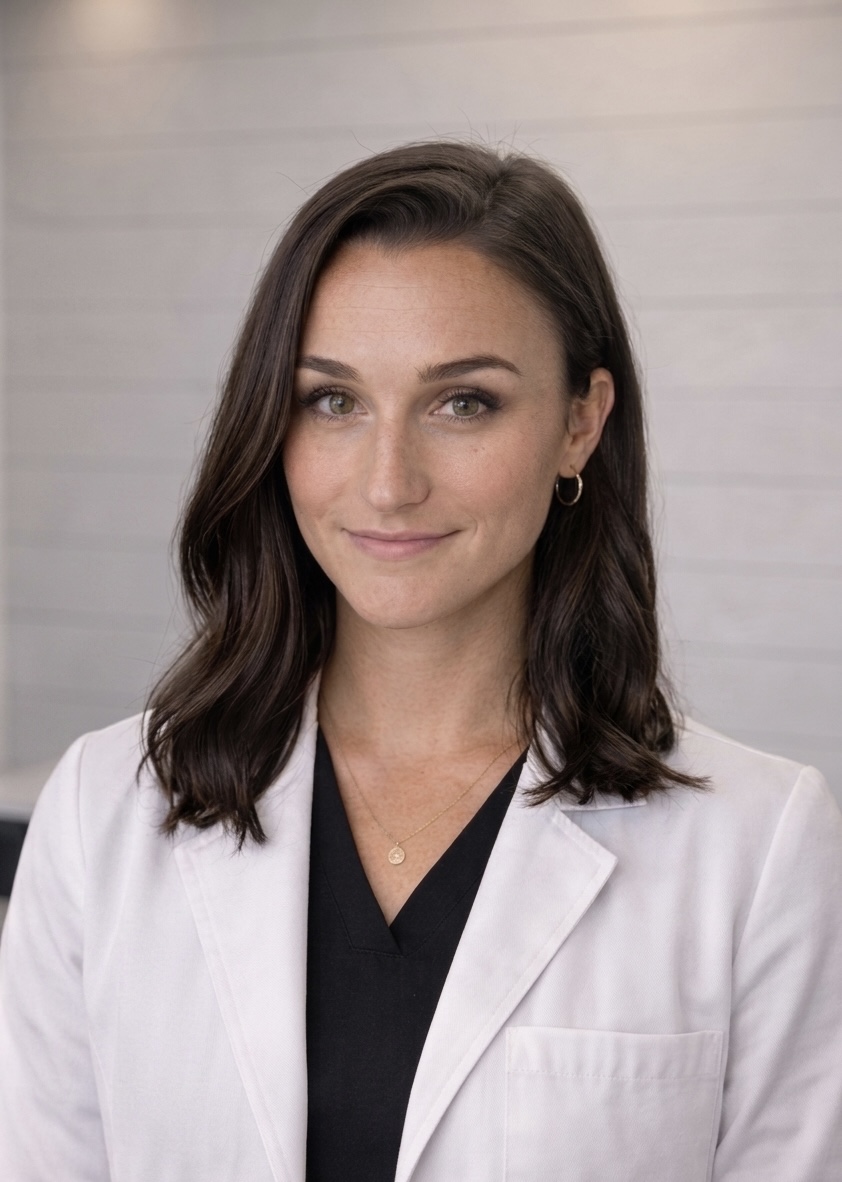 A woman with shoulder-length brown hair, wearing a white lab coat over a black top, stands in front of a light-colored wall, looking at the camera with a neutral expression.