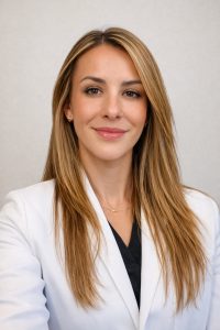 A woman with long straight blonde hair wearing a white lab coat and black top, smiling in front of a plain light background.